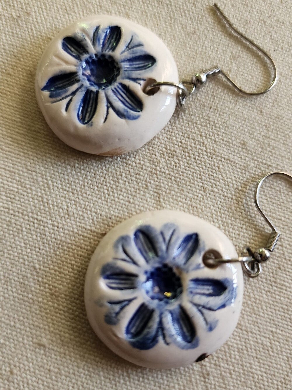 Handmade White Ceramic Flower Drop Earrings with Blue Detail